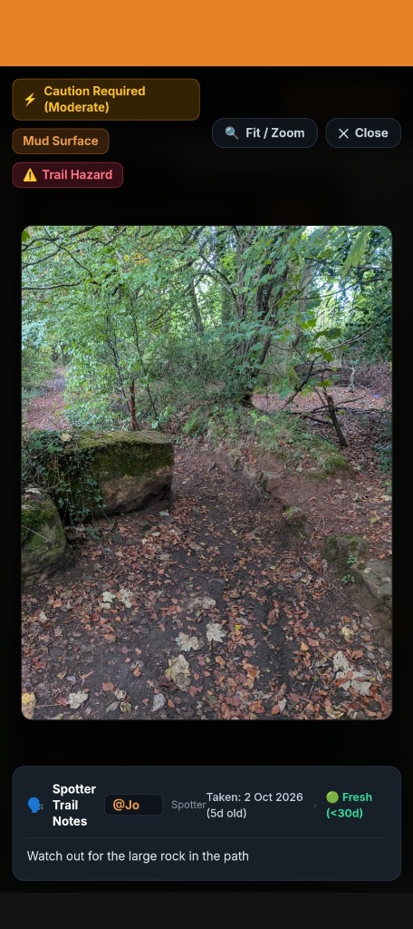 Full-screen trail photo inspection and spotter notes in TrailDB